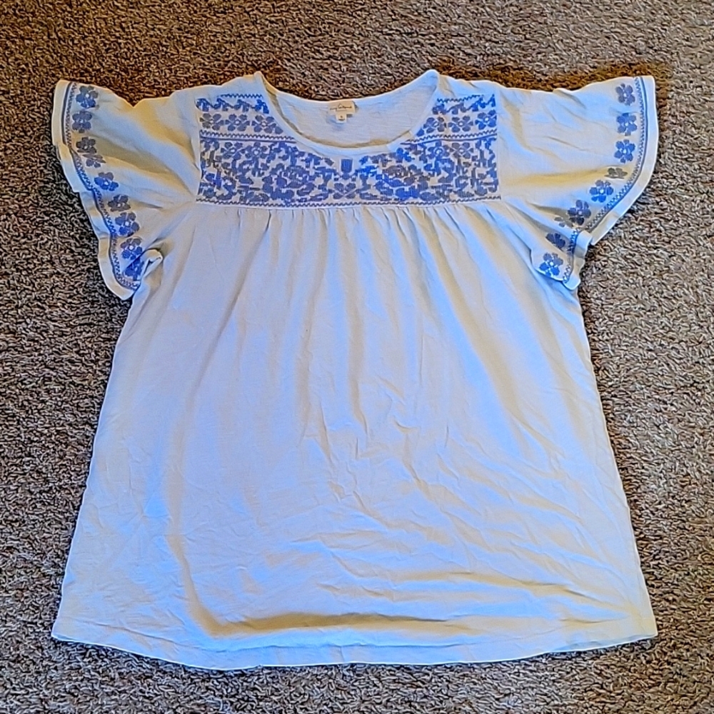 Keep in Touch, Prairie style top, Size Small, white & blue